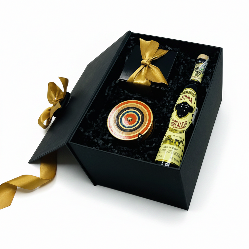 Welcome kit corporativo Regalo empresarial con botella de tequila, chocolate de origen y juguete tradicional – Ambiente Mexicano