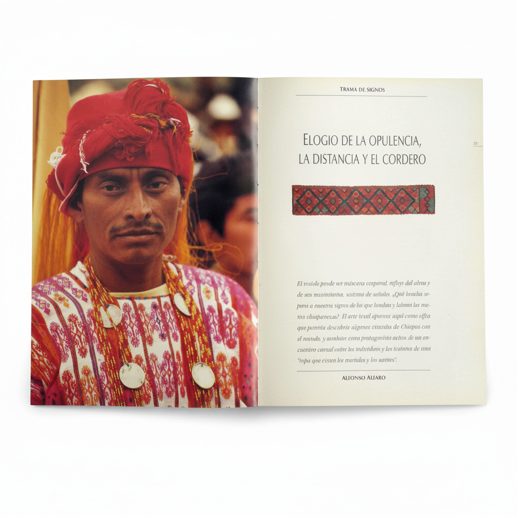 Libro textiles de chiapas página interior mostrando fotografía de tejido Ambiente Mexicano