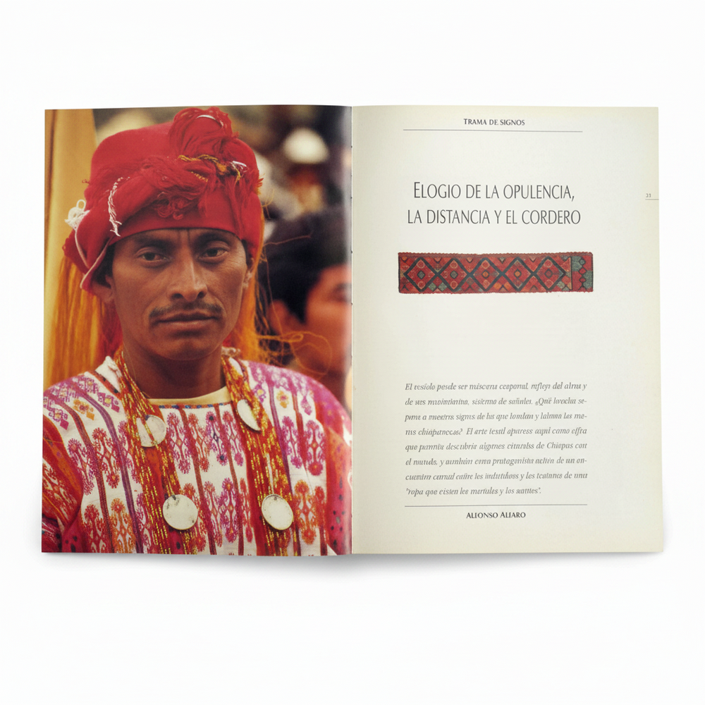 Libro textiles de chiapas página interior mostrando fotografía de tejido Ambiente Mexicano