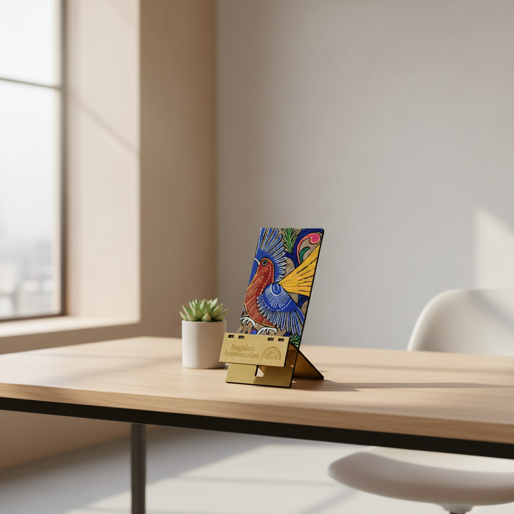 Portacelular decorado con papel Amate artesanal para Oficina Corporativa | Regalo Ejecutivo México - Ambiente Mexicano