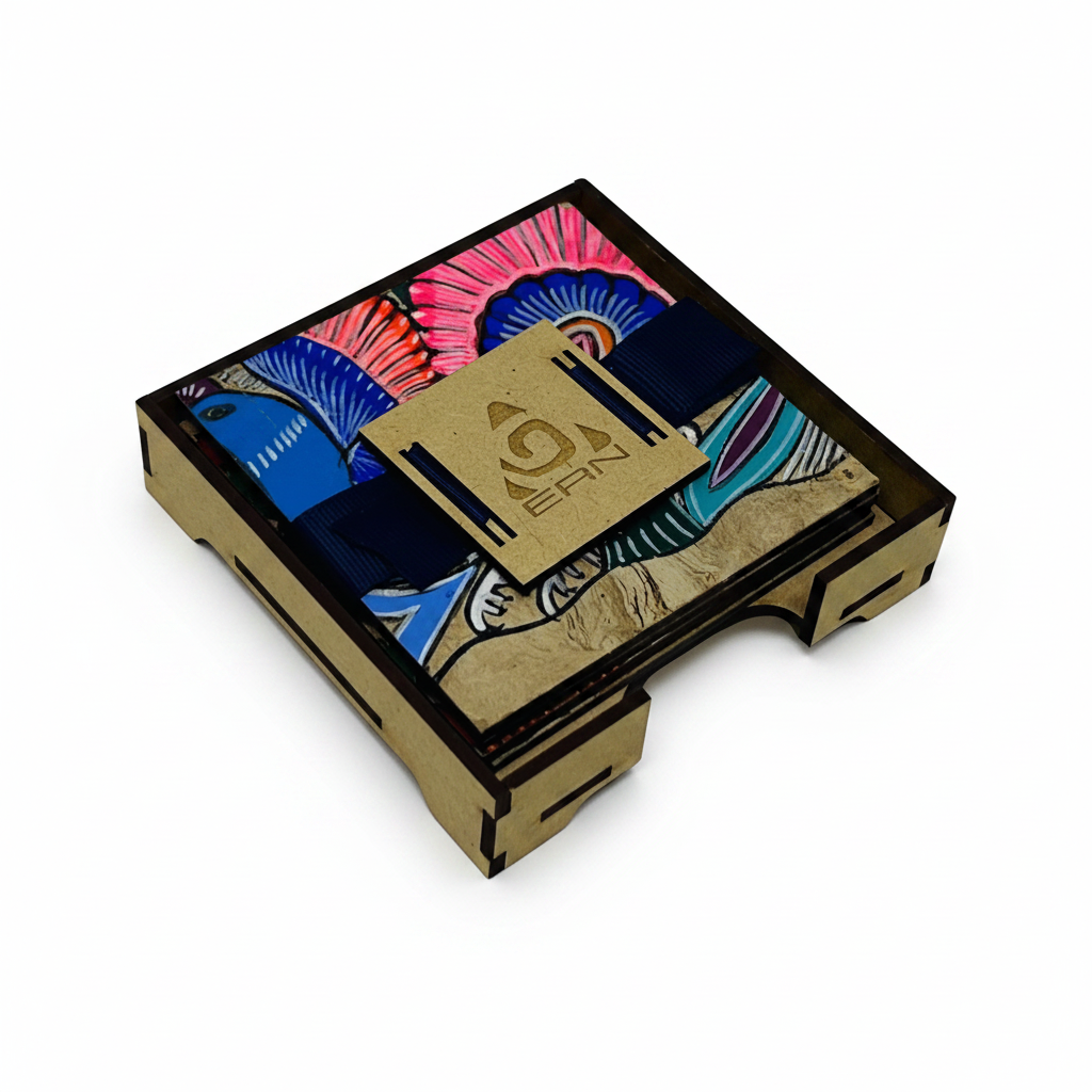 Set de portavasos de amate personalizado con logotipo grabado en caja para empresas | Ambiente Mexicano