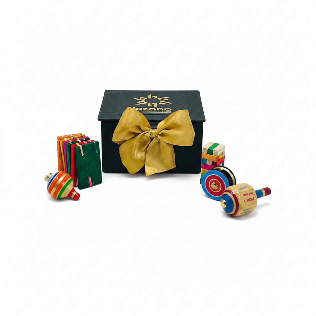 Kit antiestrés con juguetes mexicanos en miniatura dentro de estuche rígido negro personalizado como regalo corporativo creativo para empresas en México - Ambiente Mexicano