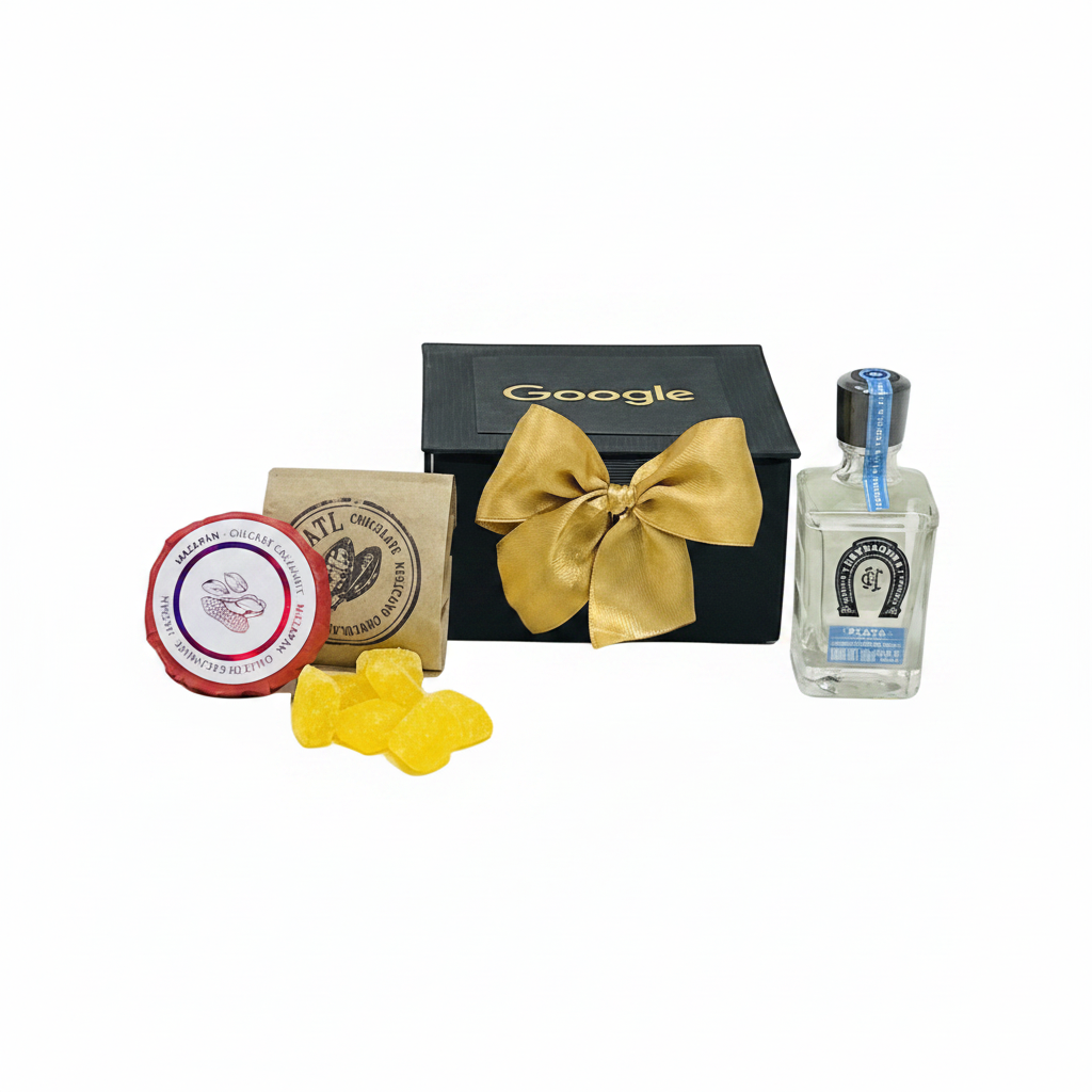 Minikit de tequila y dulces mexicanos como regalo corporativo premium en estuche rígido negro personalizado con logotipo.